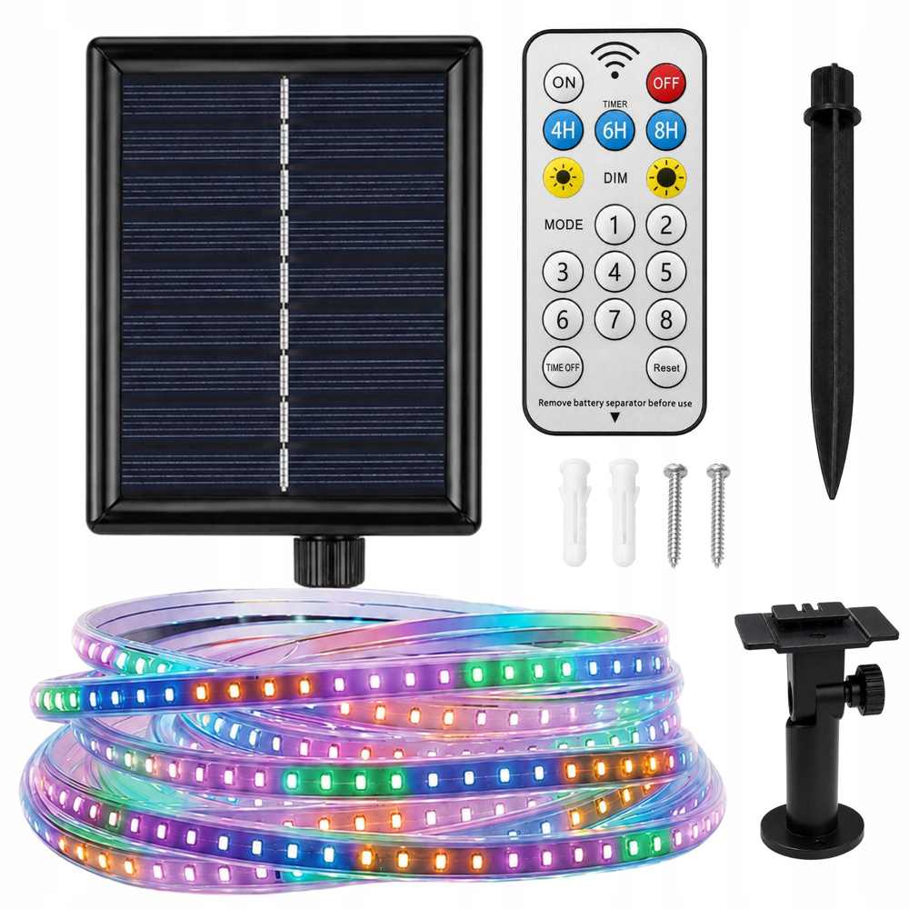 5 m aurinkokenno-käyttöinen RGB LED -valonauha IP65 – kaukosäädin ja ajastin