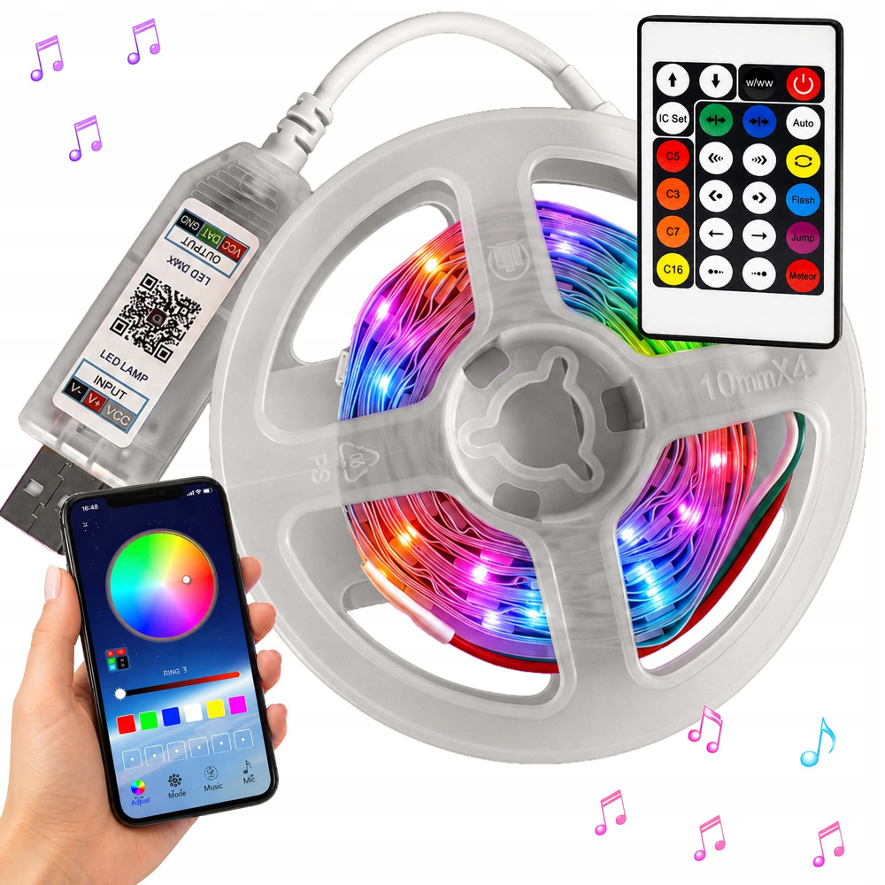 5 m RGB IC LED -valonauha Bluetooth-ohjauksella – USB, sovellus ja kaukosäädin