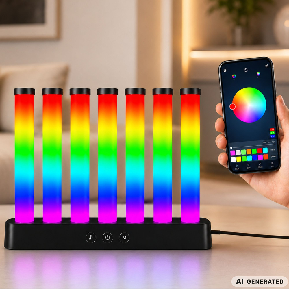 RGB LED -koristevalaisin 7 pylvästä – musiikkiin reagoiva, sovellus ja kaukosäädin