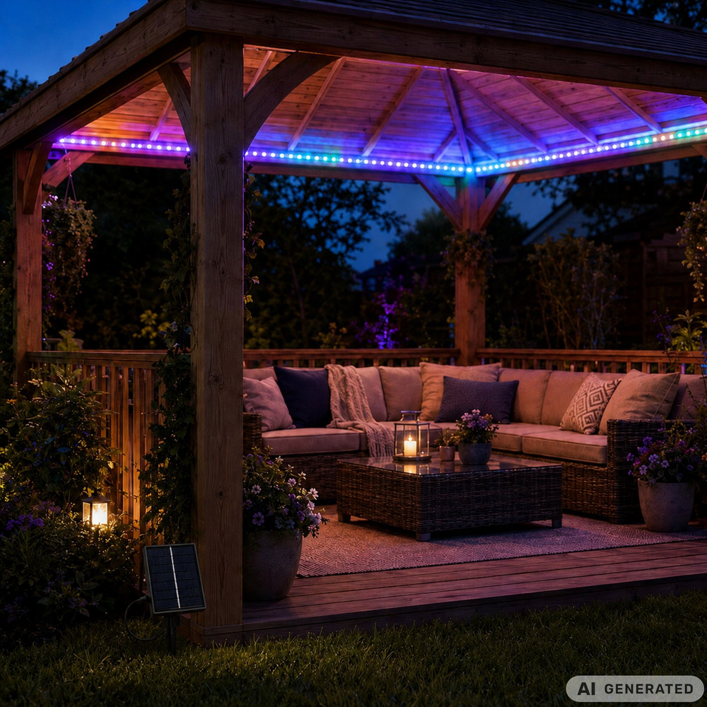 5 m aurinkokenno-käyttöinen RGB LED -valonauha IP65 – kaukosäädin ja ajastin - Image 3