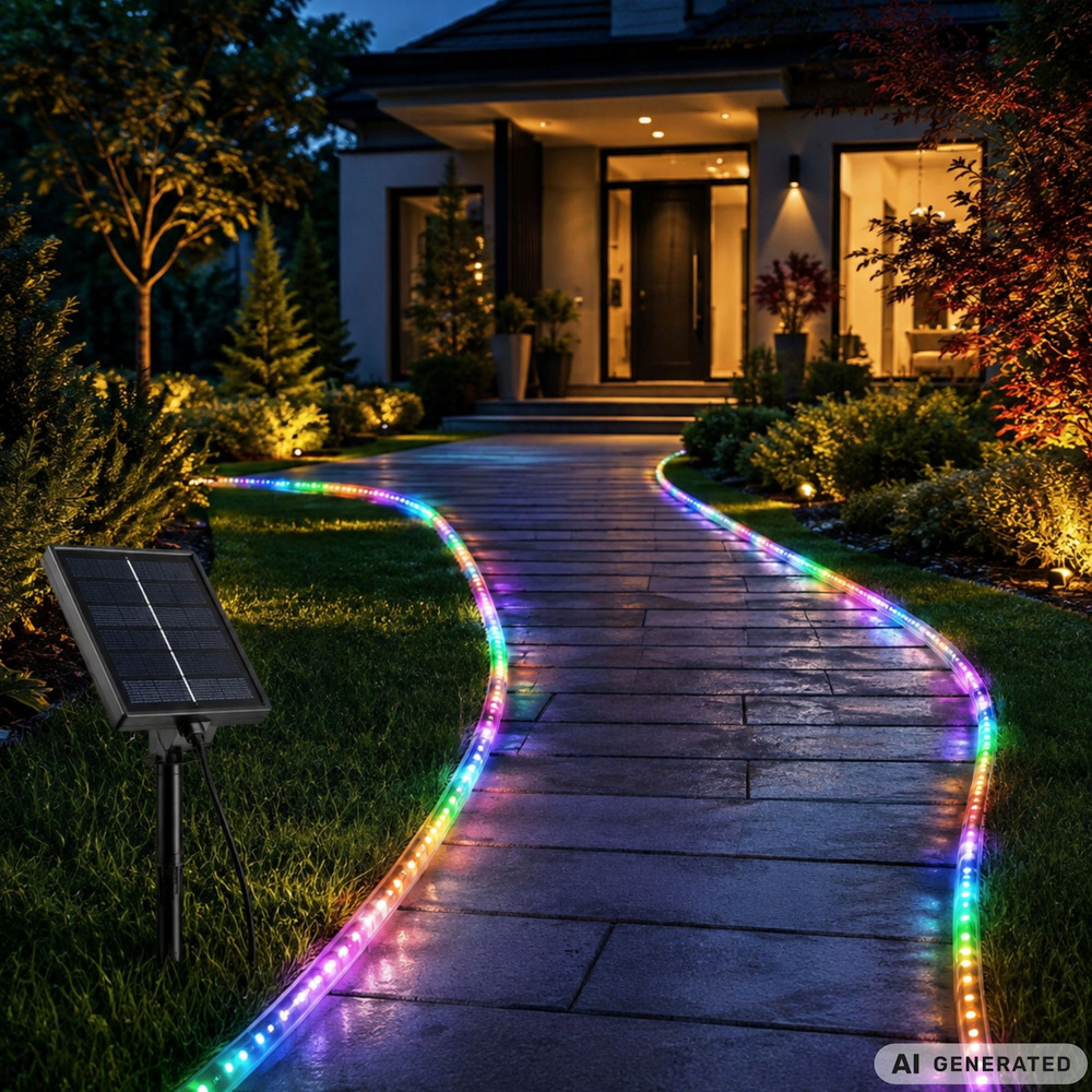 5 m aurinkokenno-käyttöinen RGB LED -valonauha IP65 – kaukosäädin ja ajastin - Image 4