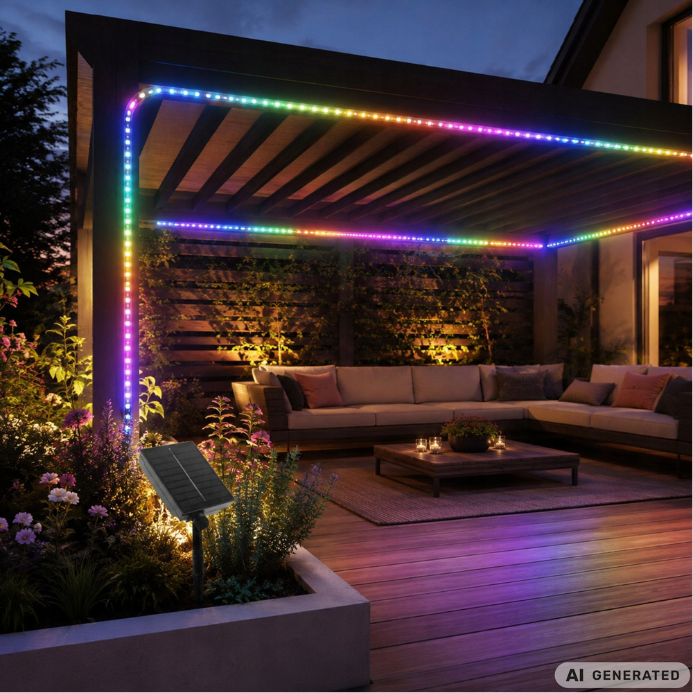 5 m aurinkokenno-käyttöinen RGB LED -valonauha IP65 – kaukosäädin ja ajastin - Image 5