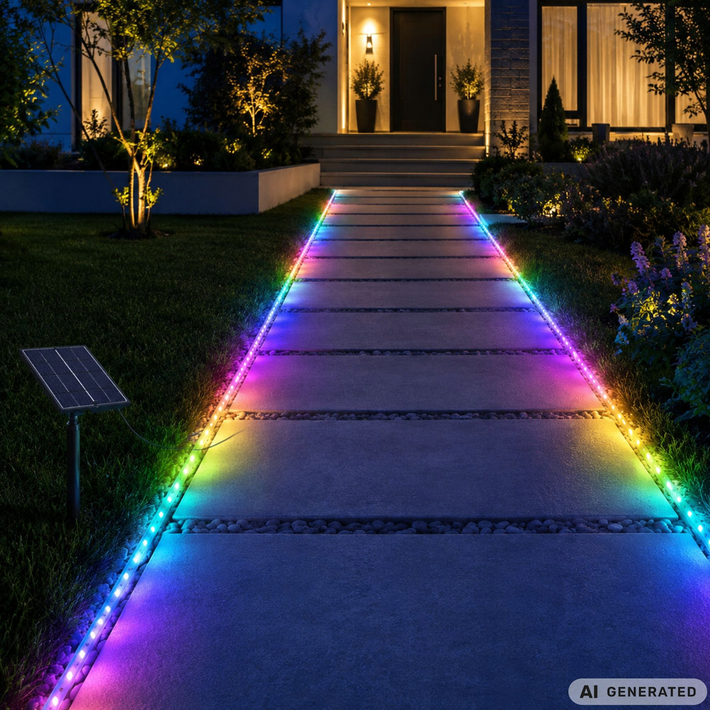 5 m aurinkokenno-käyttöinen RGB LED -valonauha IP65 – kaukosäädin ja ajastin - Image 6