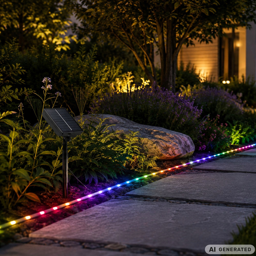 5 m aurinkokenno-käyttöinen RGB LED -valonauha IP65 – kaukosäädin ja ajastin - Image 7