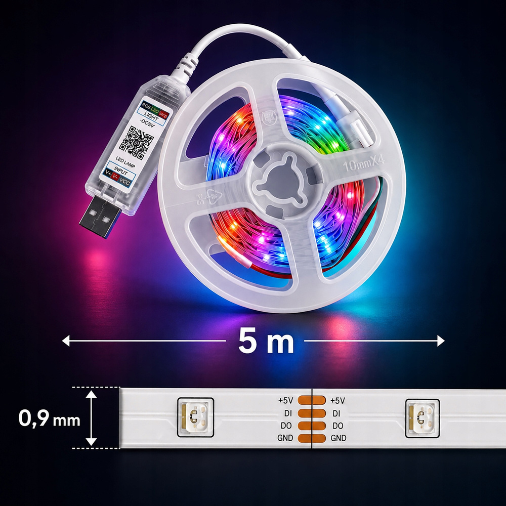 5 m RGB IC LED -valonauha Bluetooth-ohjauksella – USB, sovellus ja kaukosäädin - Image 9